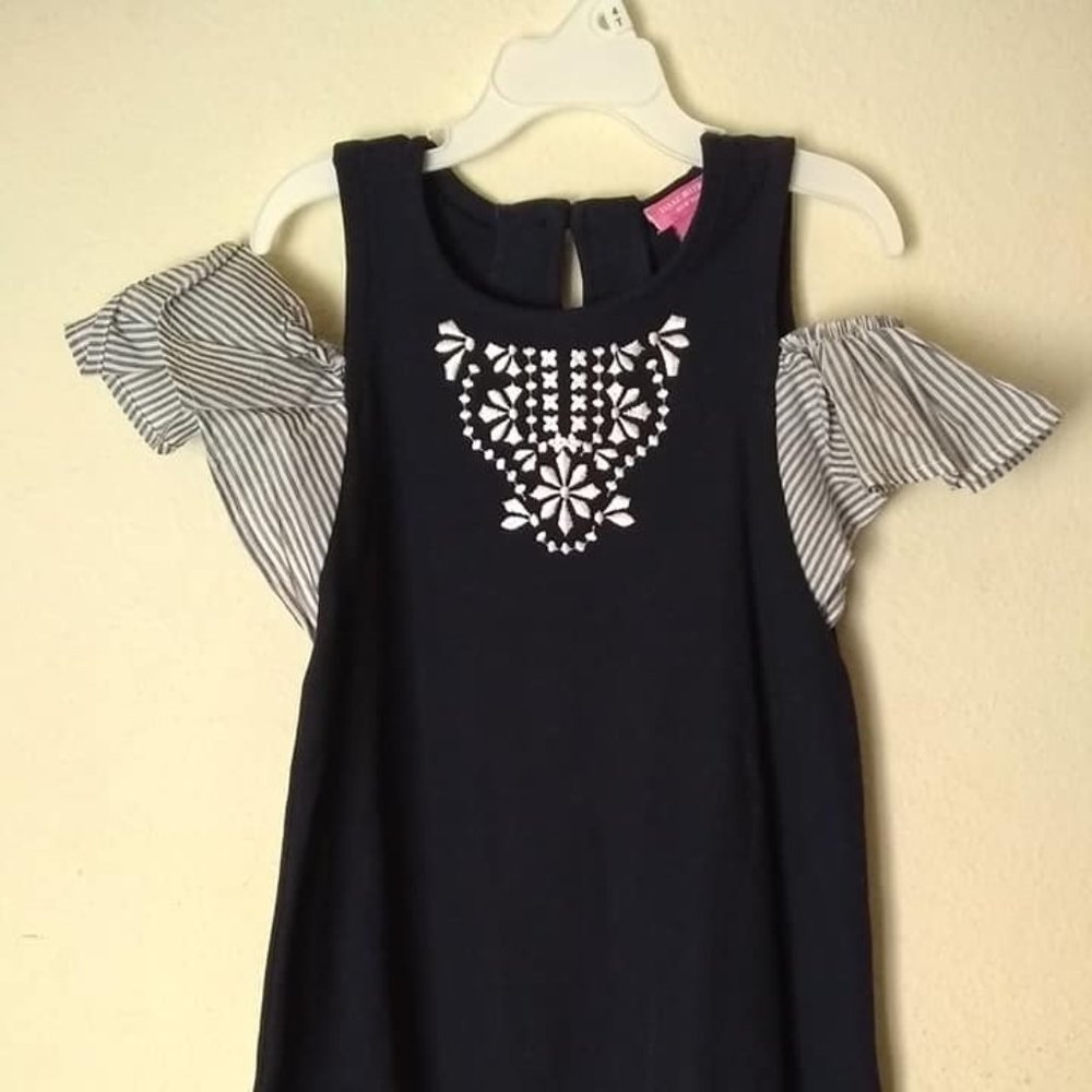 Girls Navy cold shoulder dress